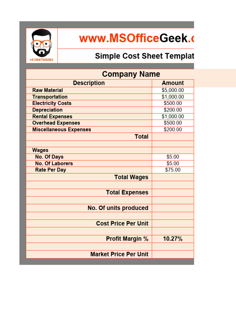 Simple Cost Sheet Template | PDF