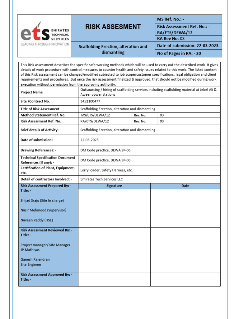 Scaffolding Risk Assessment Report | PDF | Risk | Risk Assessment