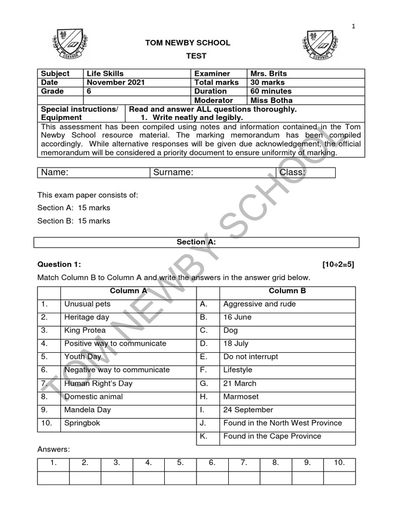 Grade 6 life skills exam nov 2021 pdf