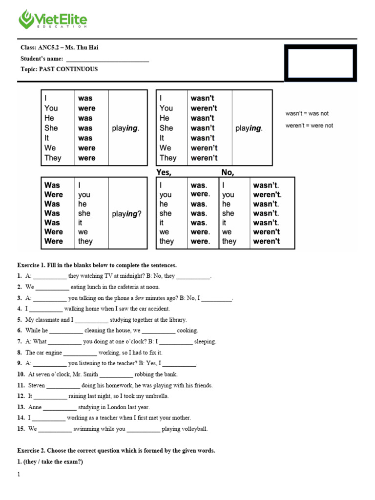 Past Continuous Exercises and Practice | PDF