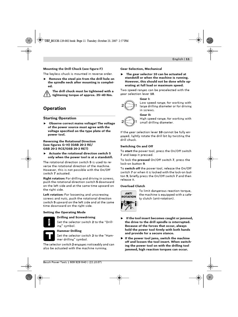 Bosch GSB 20-2 RE Operation Manual | PDF | Drill | Switch