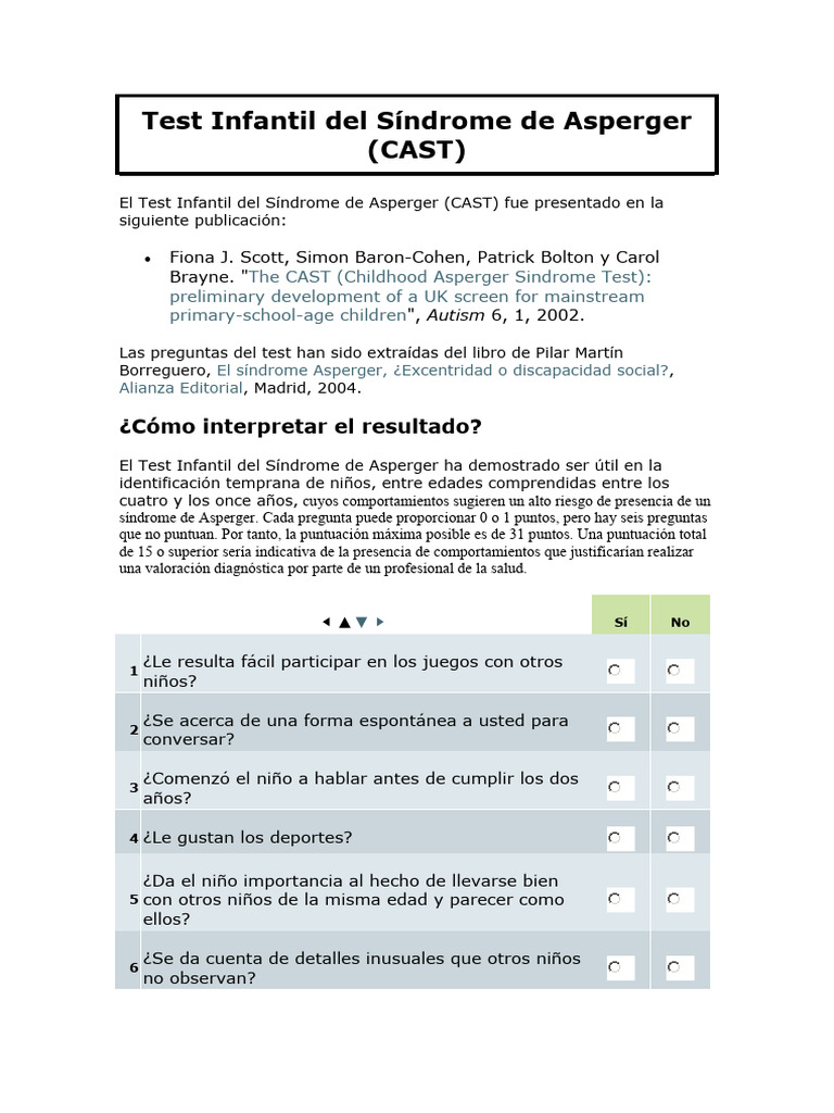 411 Años. Test Infantil Del Síndrome de Asperger Cast. PDF Síndrome de Asperger
