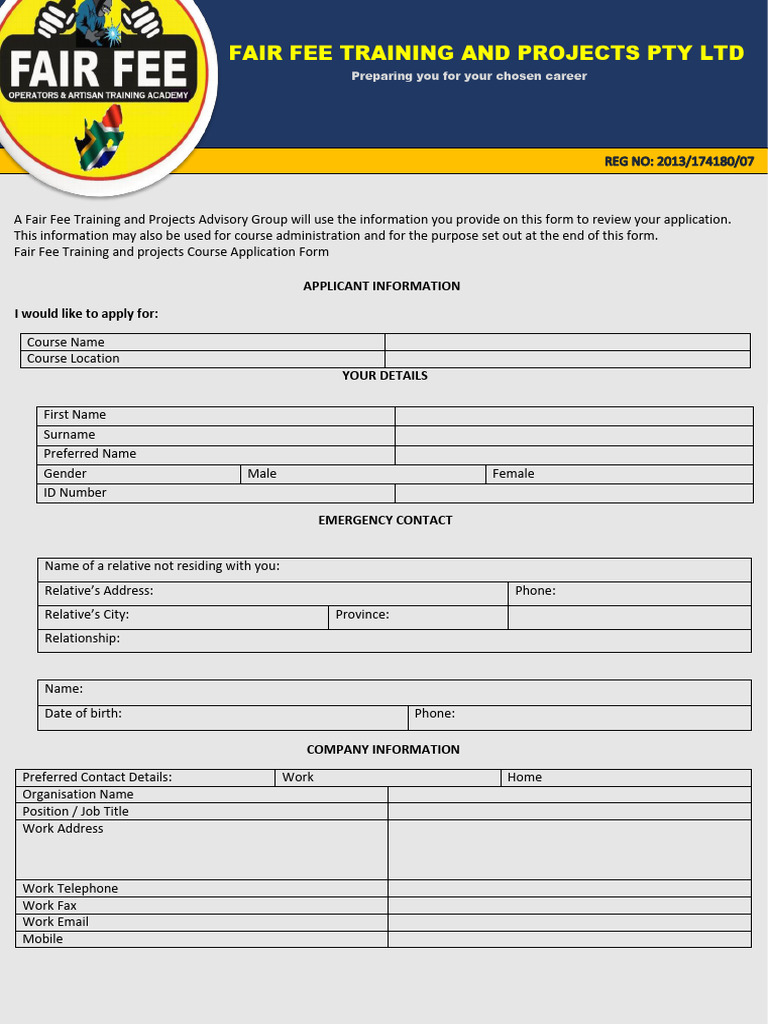 Fair Fee Training Application Form | PDF | Service Industries | Business