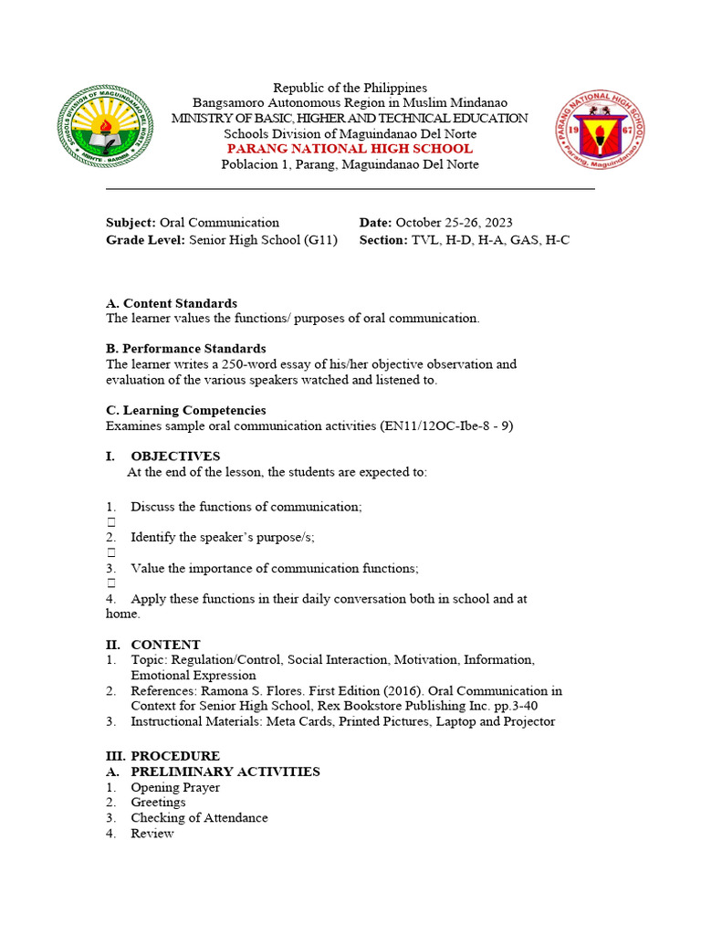 Oral Communication Activities for SHS | PDF