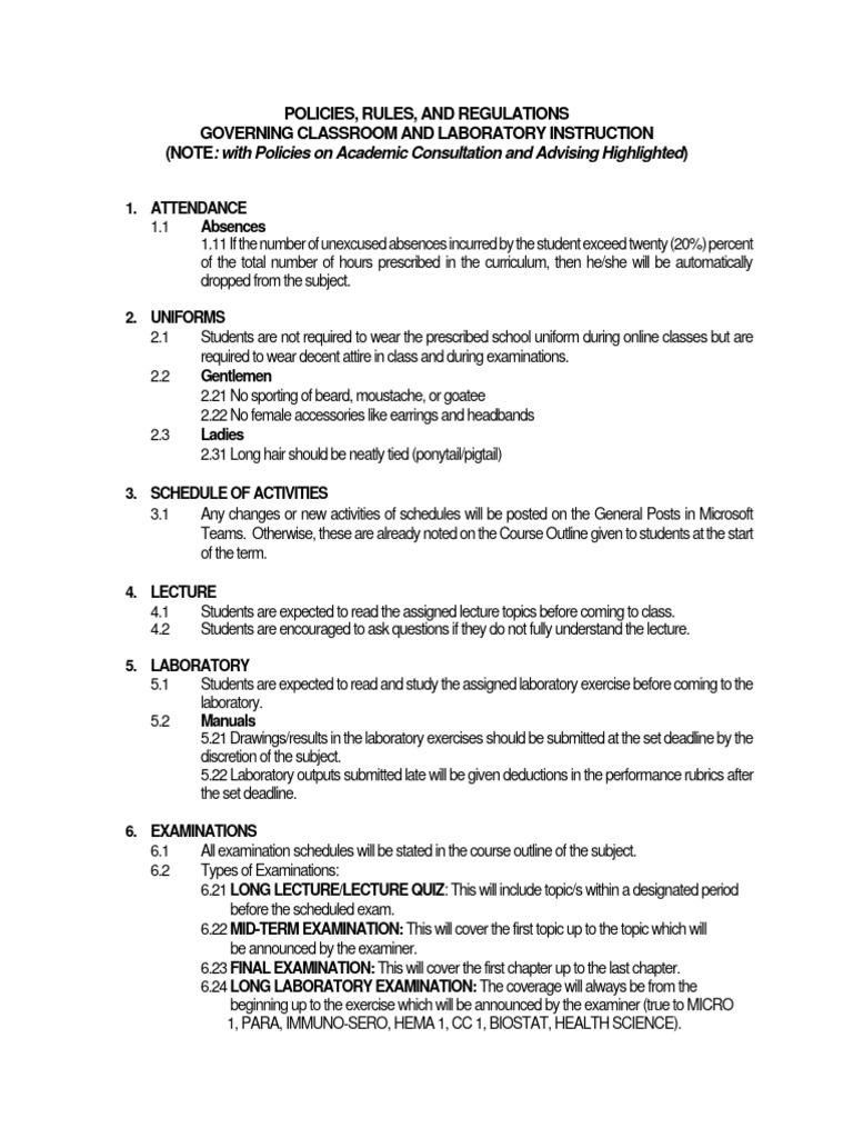 General Policies, Rules - Regulations - Medtech - Aug 2021 | PDF