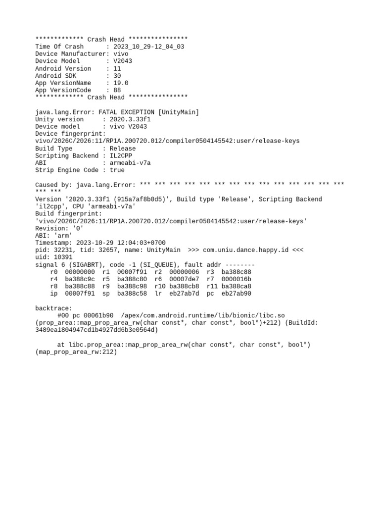 vivo V2043 Unity Crash Report 2023 | PDF