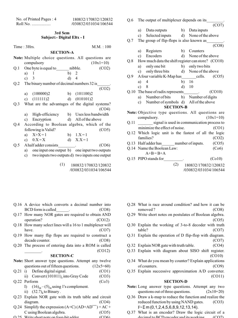Digital Electronics Question Paper 2024 | PDF | Bit | Logic Gate