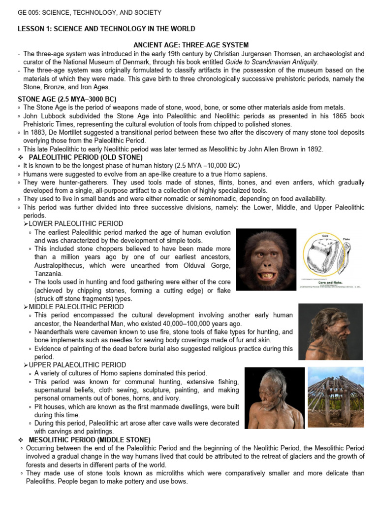 Lesson 1 Science and Technology in the World PDF Stone Age Paleolithic