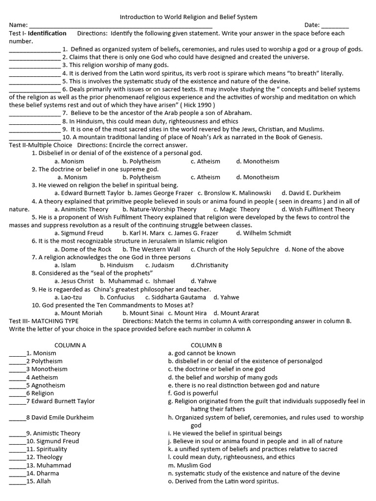 Examination in Introduction To World Religion and Belief System | PDF