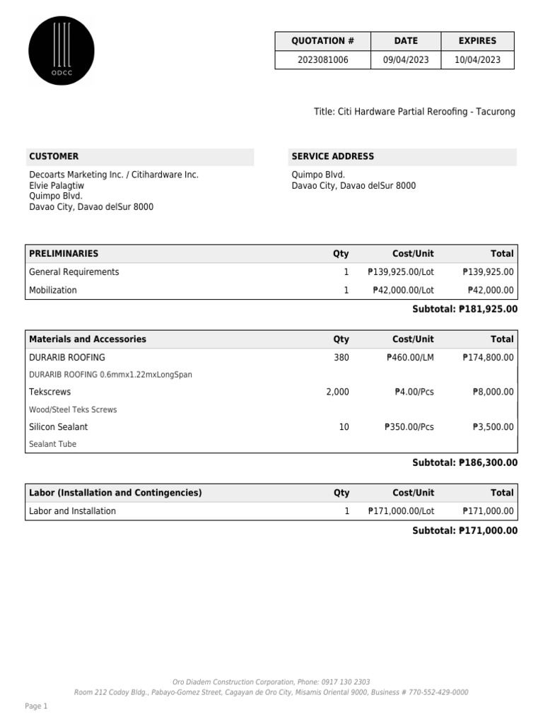 Citi Hardware Reroofing Quotation | PDF | Common Law | Private Law