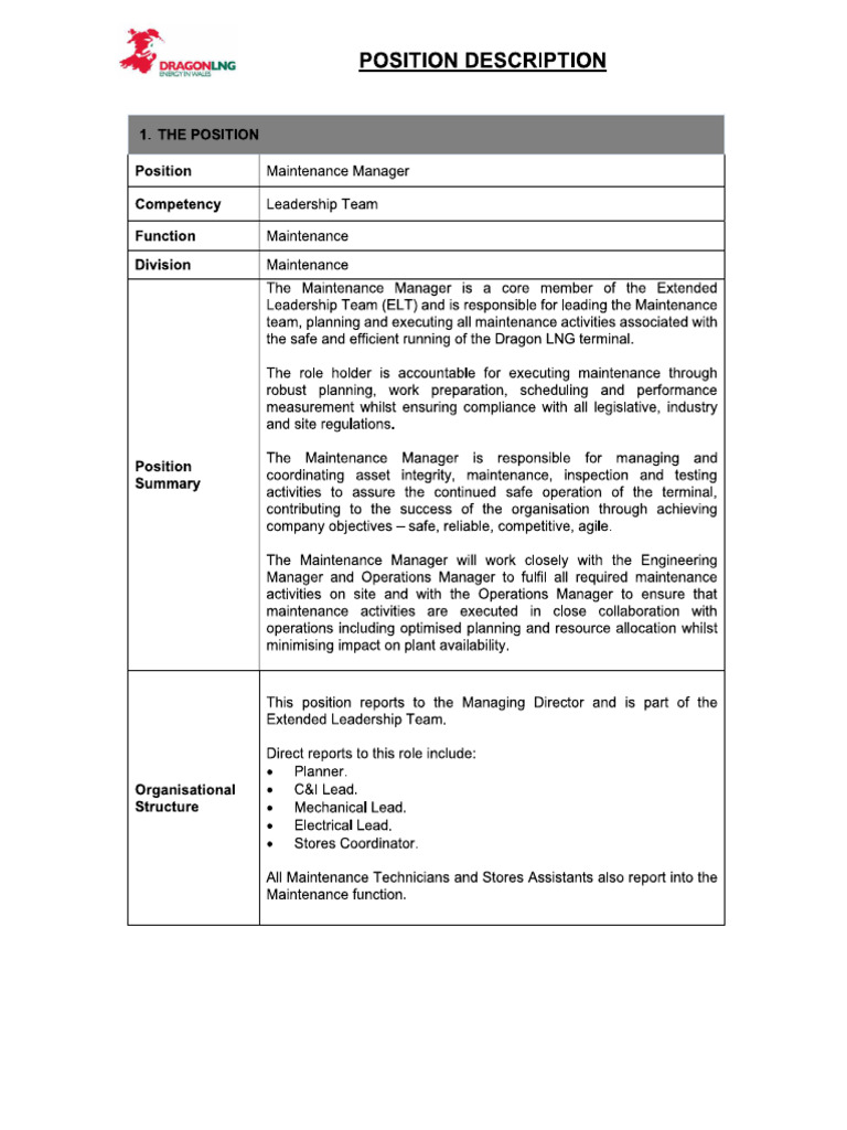 Job Description Maintenance Manager | PDF
