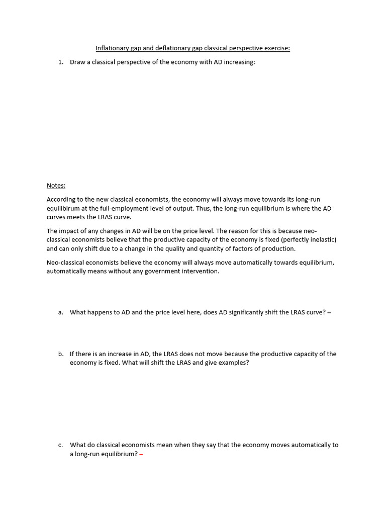 1. Inflationary gap and deflationary gap classical perspective Exercise PDF Long Run And