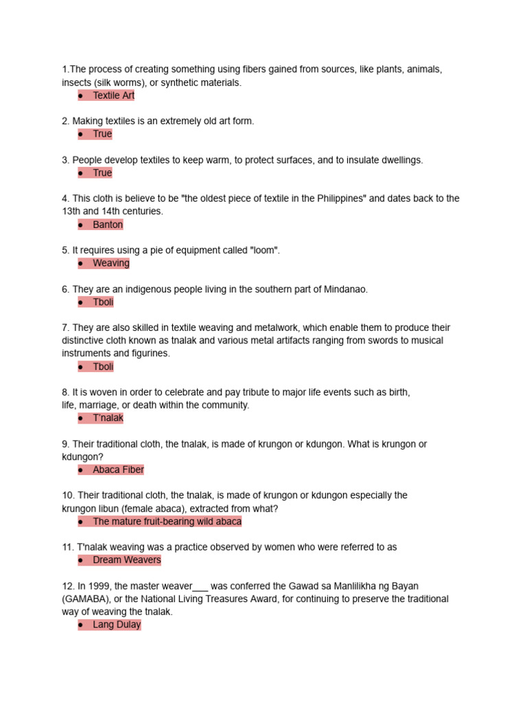 HMN101REVIEWERQUIZZES PDF Weaving Textiles