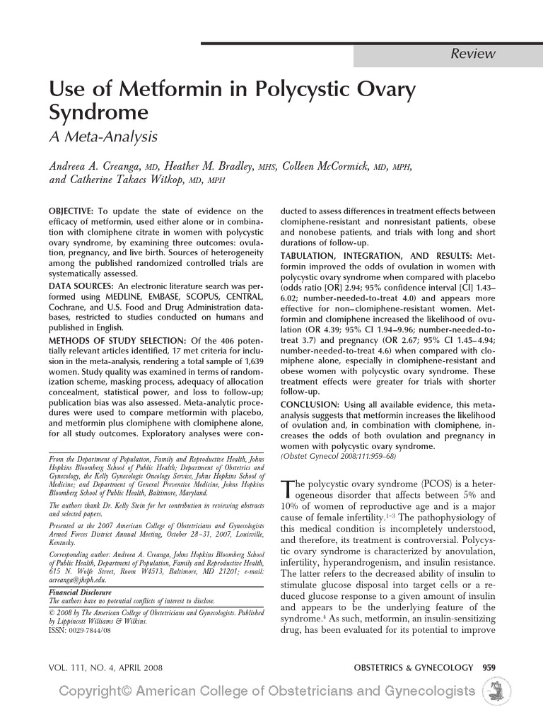 Use of Metformin in Polycystic Ovary Syndrome A MetaAnalysis PDF Polycystic Ovary Syndrome