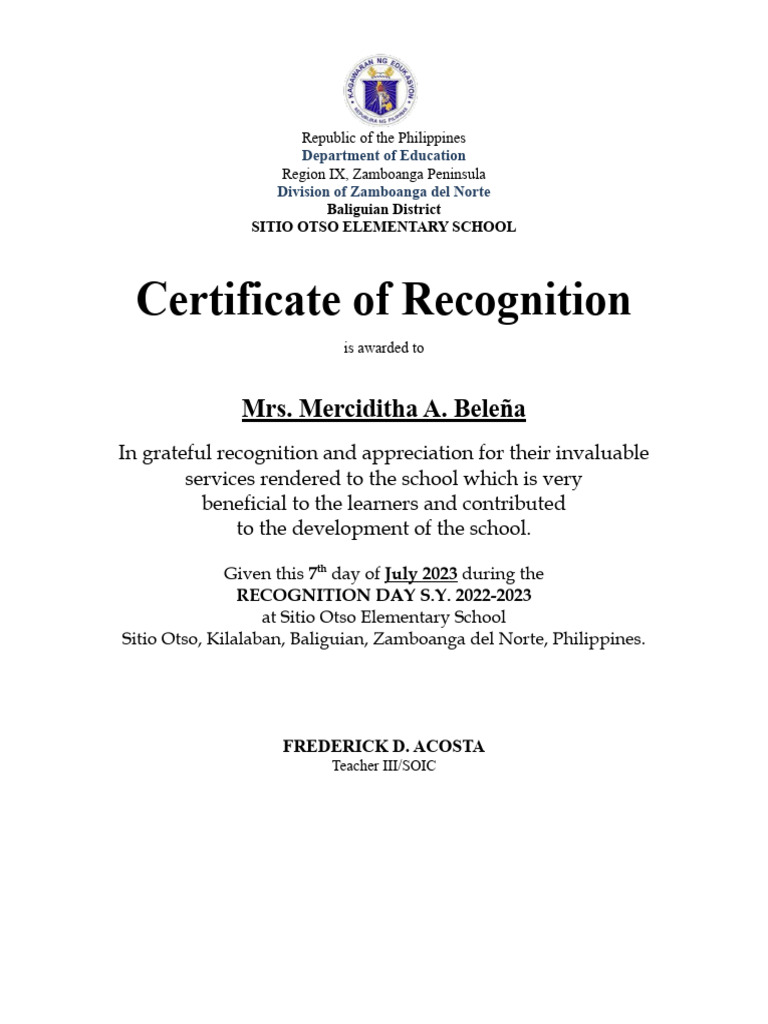 Certificate of Recognition for Mrs. Beleña | PDF