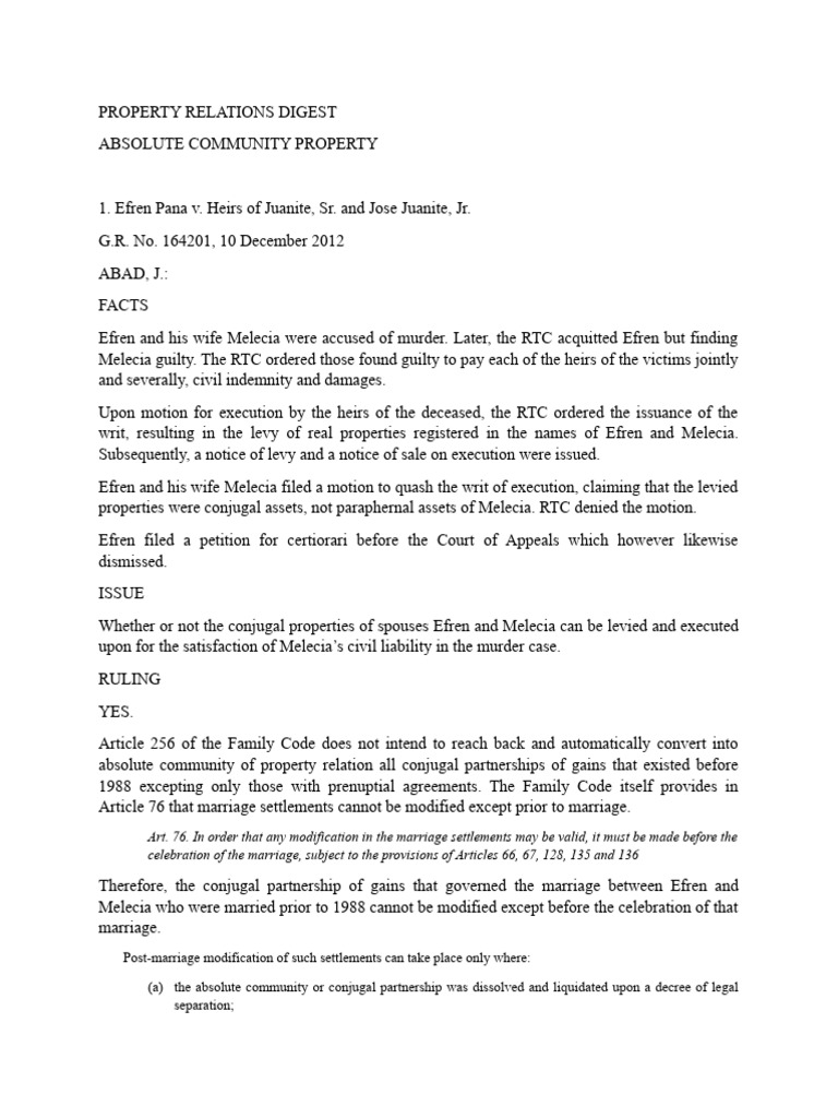 Property Relations Digest | PDF | Marriage | Partnership