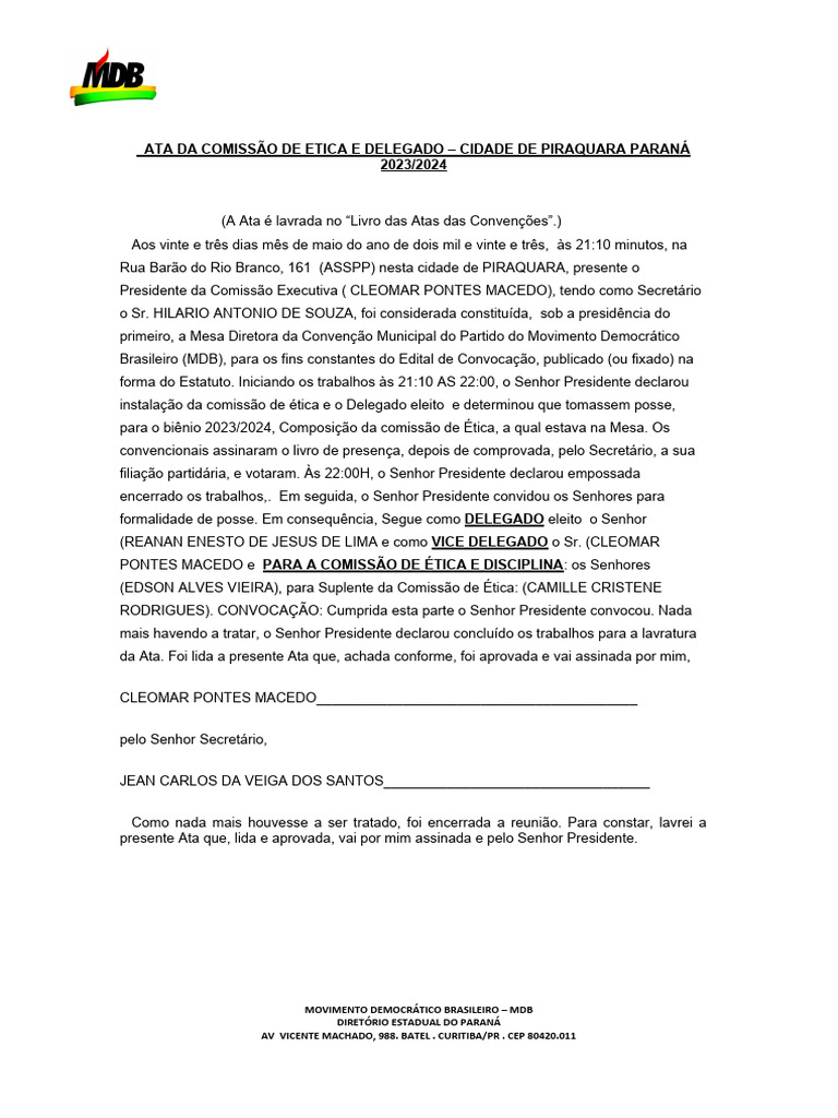 Ata Comissão de Etica e Delegado | PDF