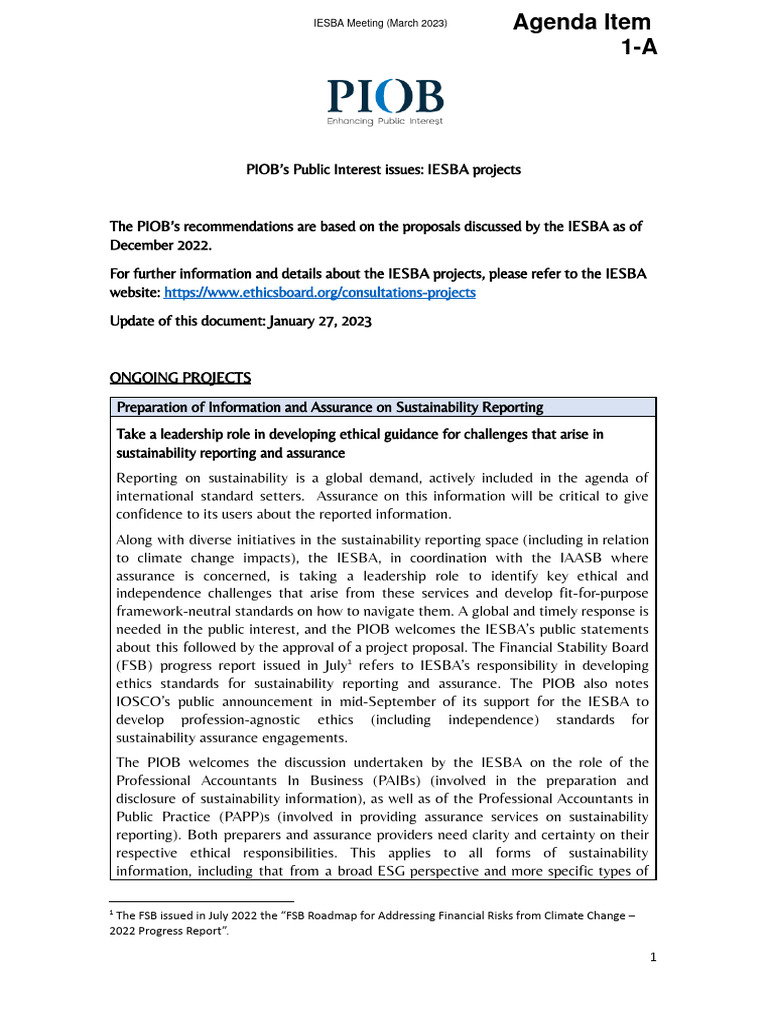 Agenda Item 1A PIOB Public Interest Issues On IESBA Projects | PDF ...