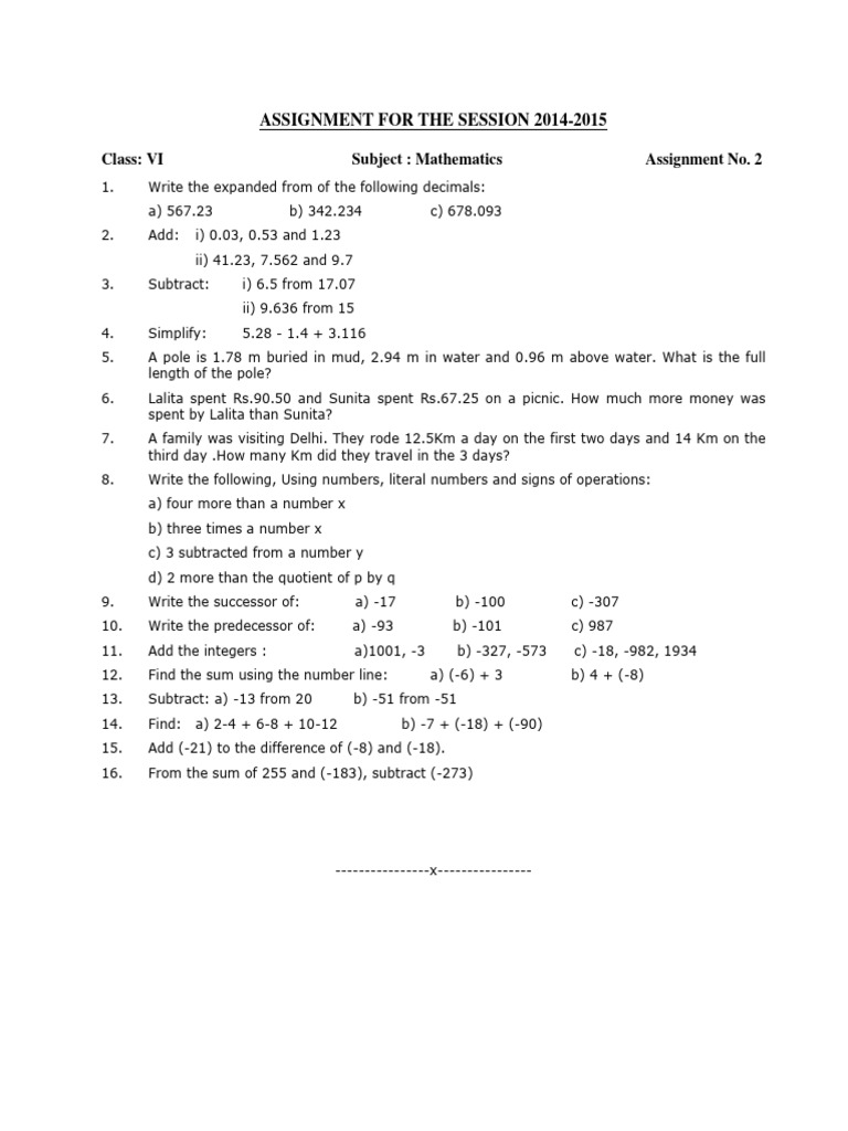 CBSE Class 6 Mathematics Decimals Worksheet (7) PDF