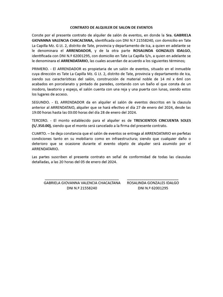 Contrato De Alquiler De Salon De Eventos Pdf