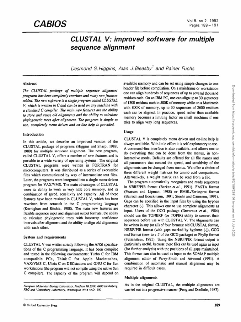 Cabios clustal v improved software for multiple sequence alignment