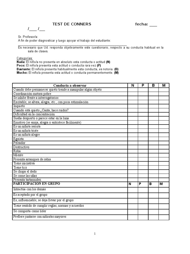 Test de Conners para Evaluación Escolar | PDF
