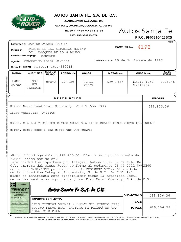 Factura Land Rover 1997 | PDF