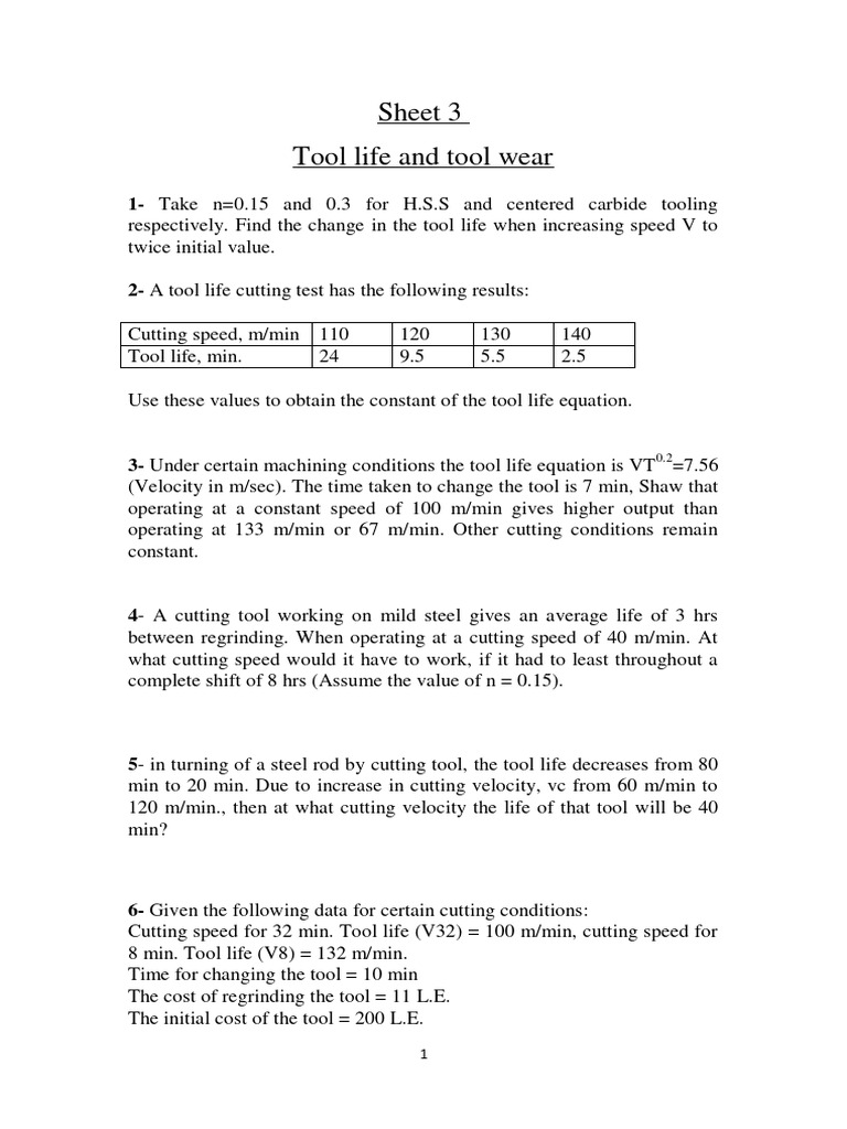 Sheet 3 Tool Life and Tool Wear1 Download Free PDF Speed Physical