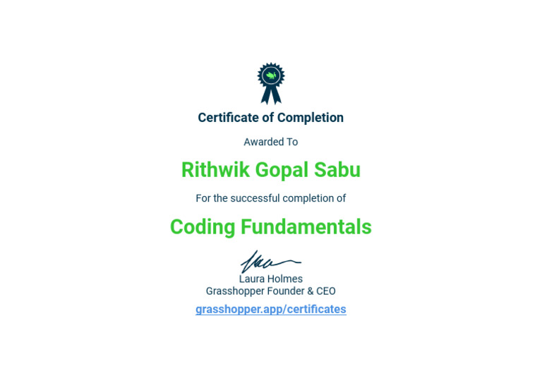 Grasshopper Coding Certificate for Rithwik | PDF