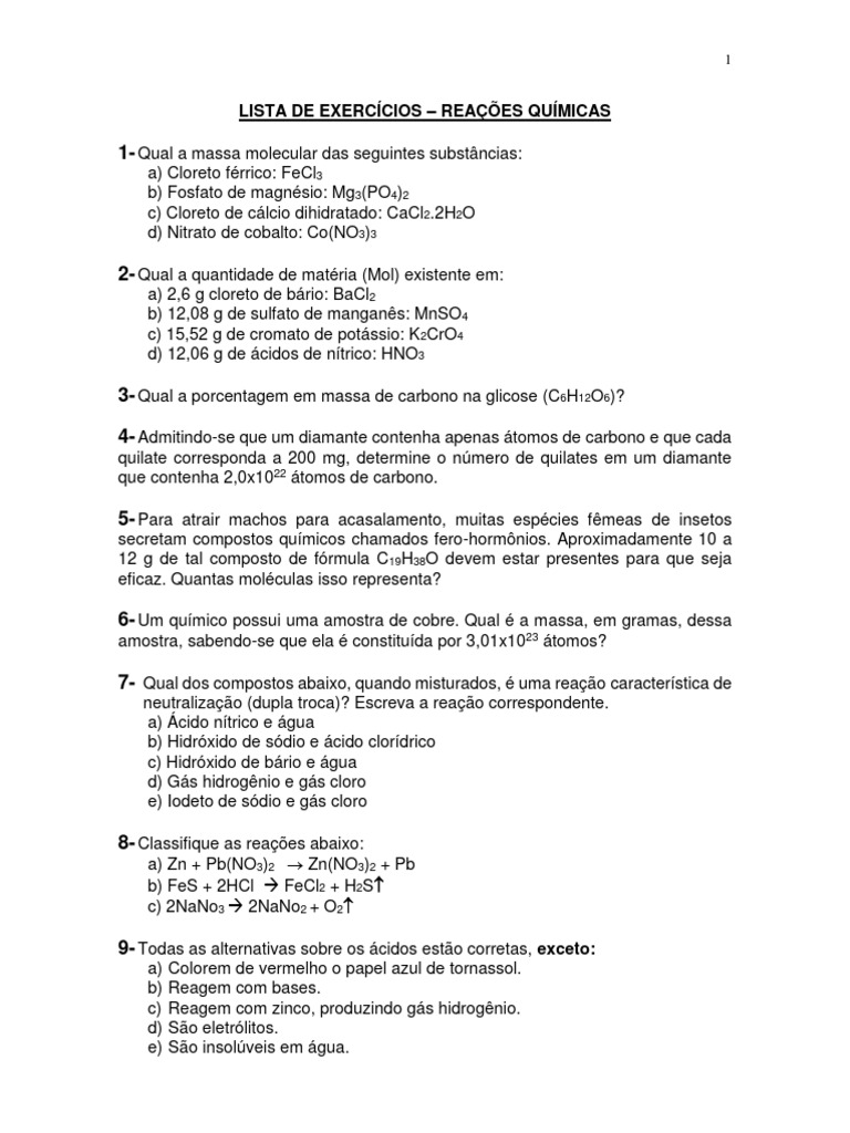 Exercícios sobre Reações Químicas | PDF | Reações químicas | Cálcio