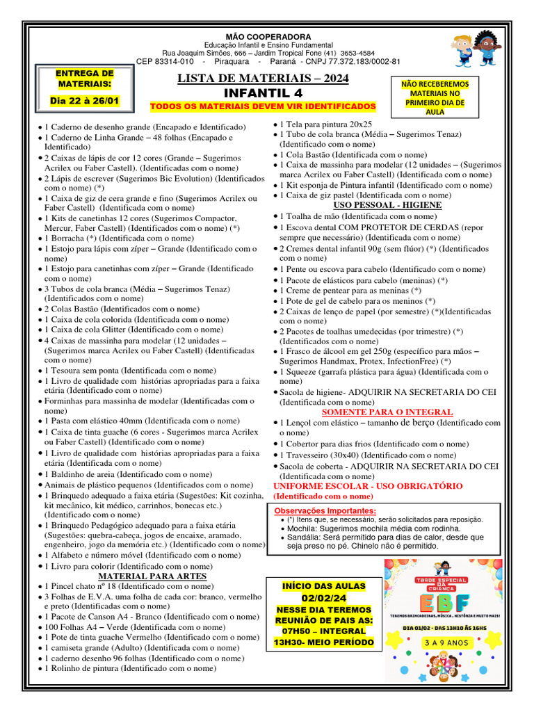 Lista de Materiais 2024 - Infantil 4 anos | PDF | Conservação e ...