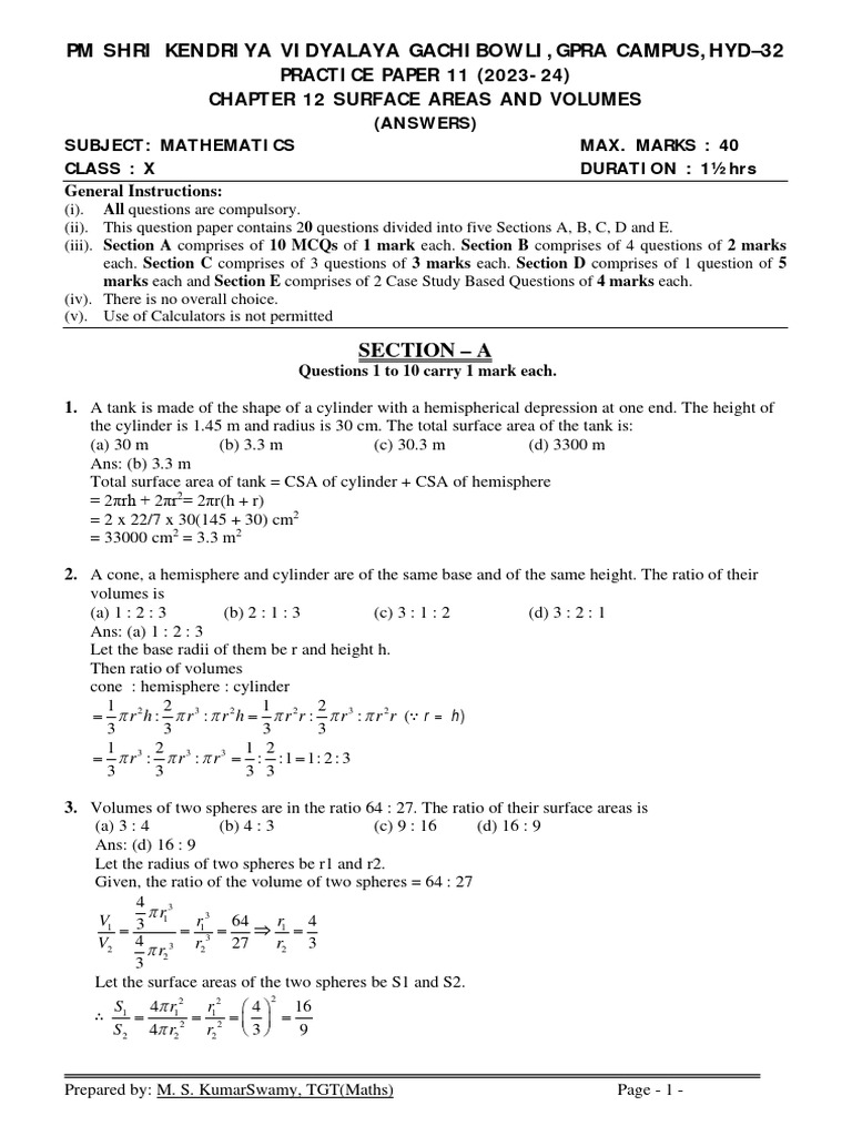 Class 10 Surface Area & Volume Practice | PDF | Area | Sphere