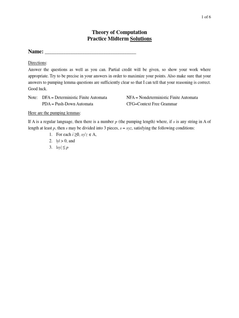 Theory of Computation Midterm Solutions | PDF | Models Of Computation ...