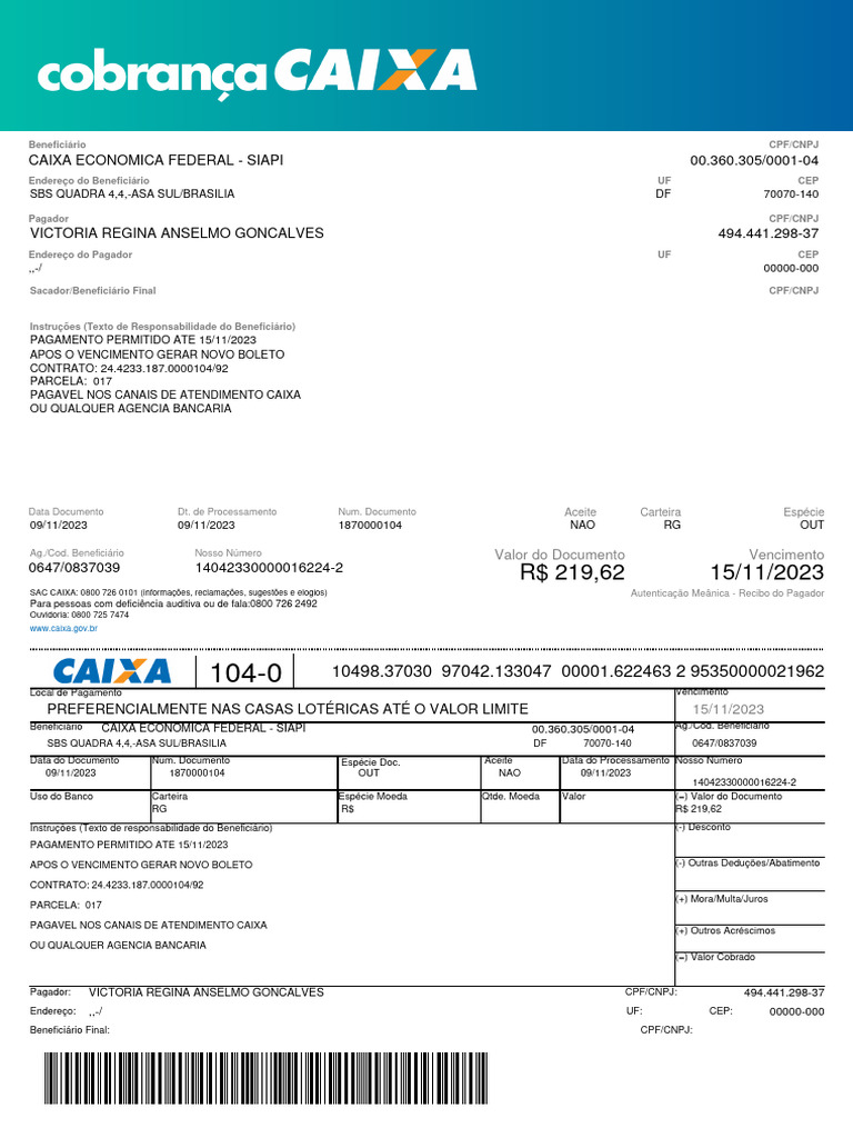 Boleto Caixa Econômica: Pagamento até 15/11/2023 | PDF | Bancos | Brasil