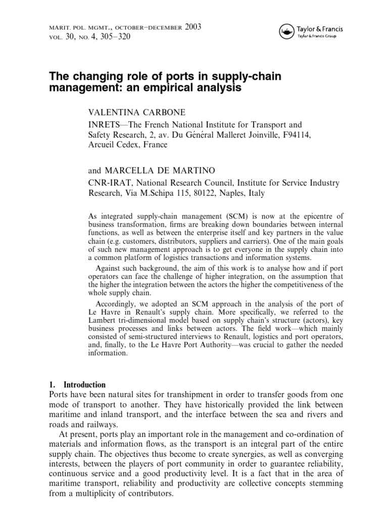 The Changing Role Of Ports In Supply Chain Management An Empirical