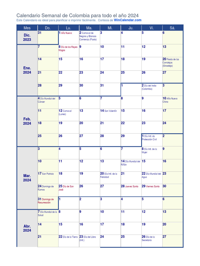 CalendarioSemanal2024 PDF Carnaval Colombia