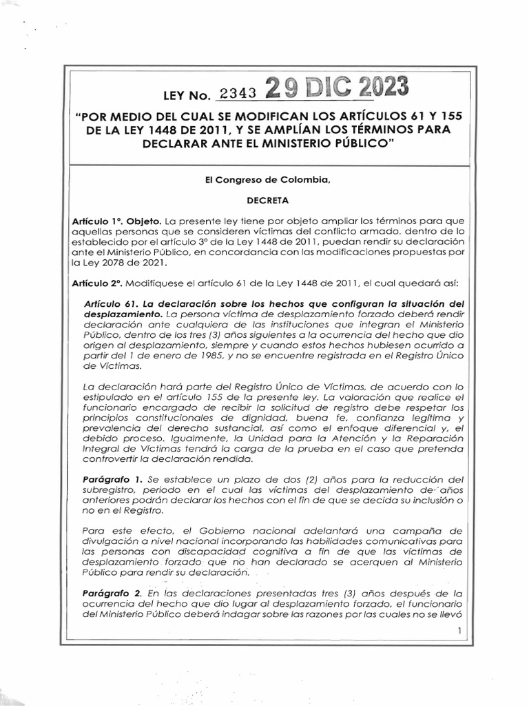 LEY 2343 DEL 29 DE DICIEMBRE DE 2023 | PDF | Gobierno | Justicia