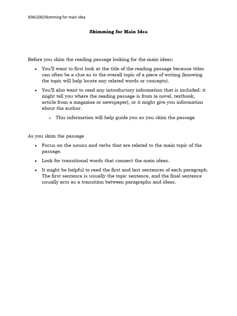 Skimming for Main Idea PDF