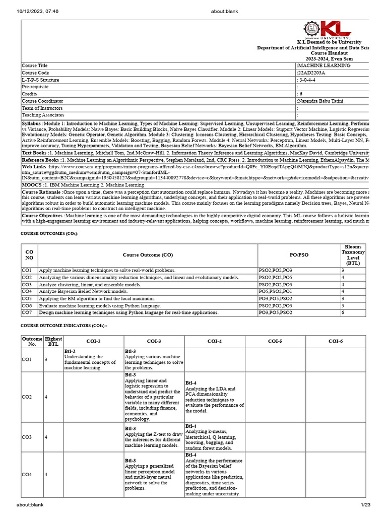 Course outcomes cos download free pdf machine learning engineering