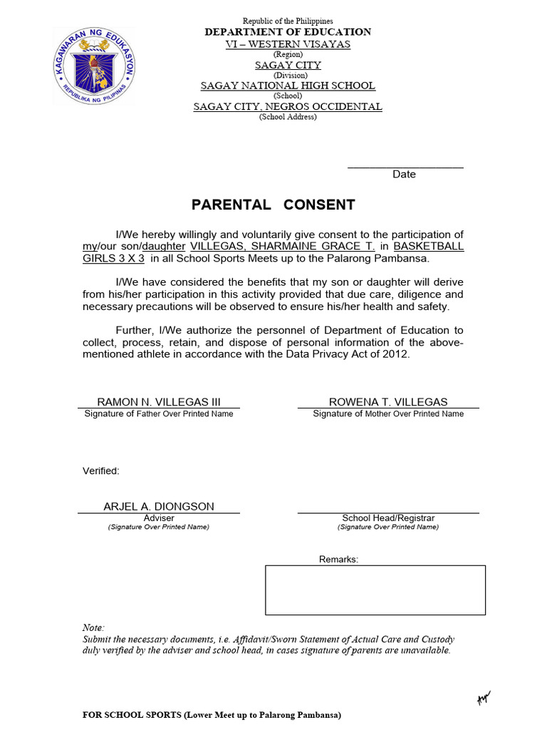 Parental Consent for Basketball Participation | PDF | Affidavit