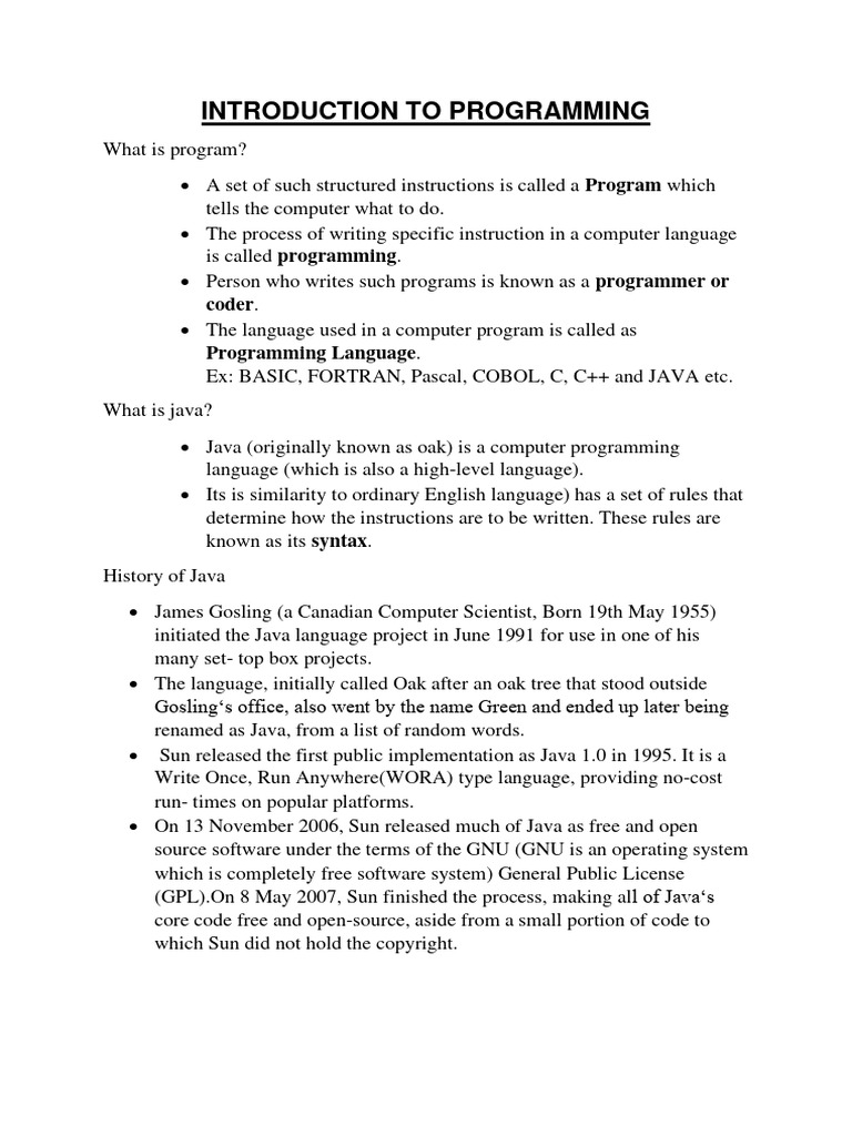 Introduction To Programming | PDF | Java (Programming Language ...