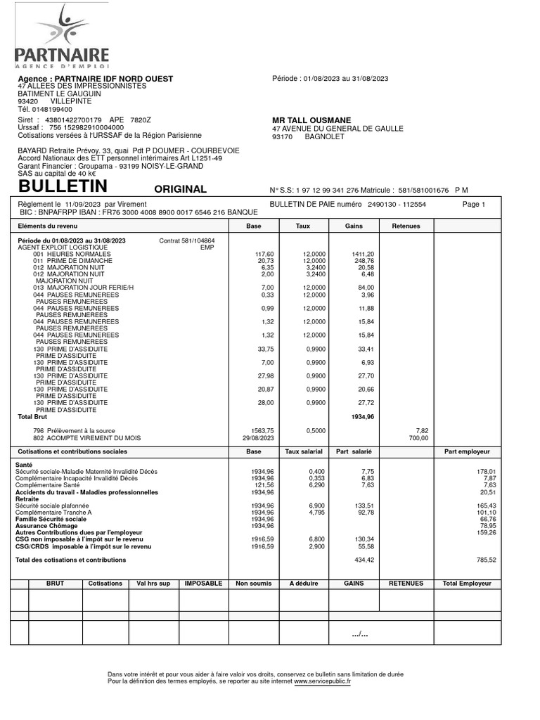 Bulletin de paie intérim août 2023 | PDF | Impôt sur le revenu ...