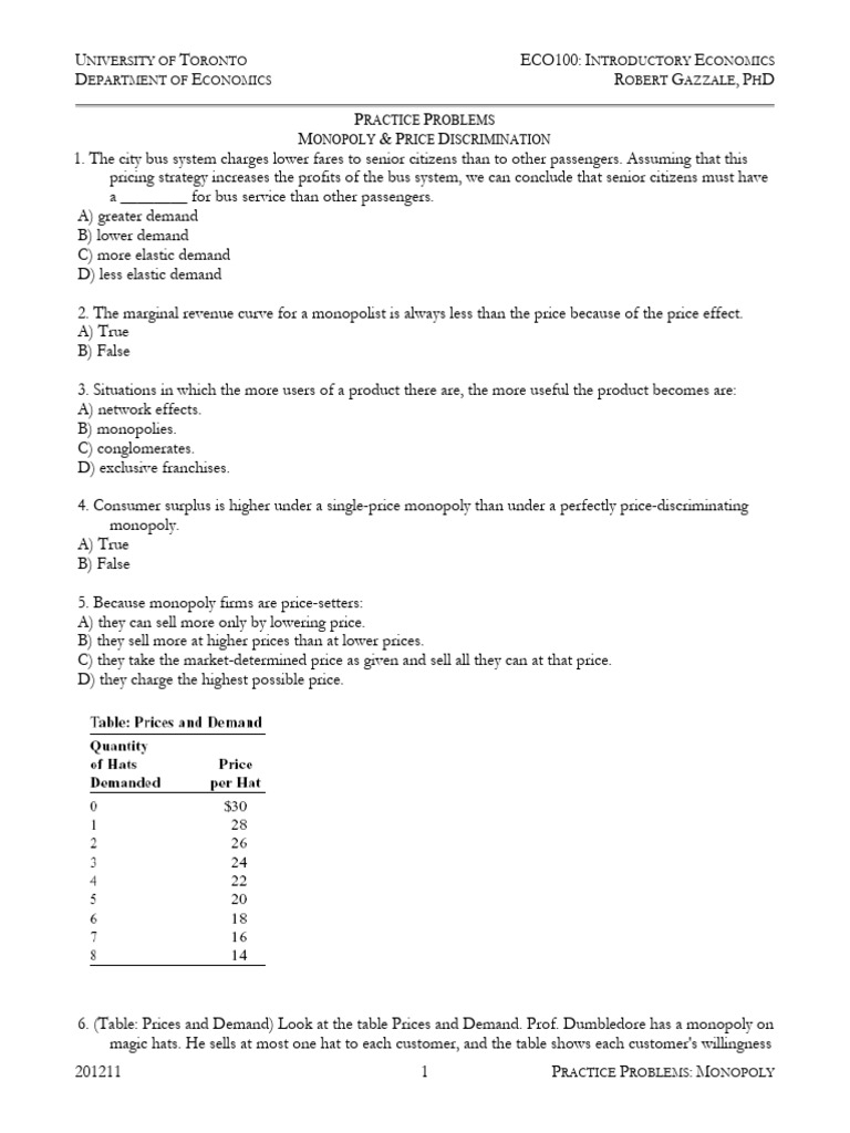 10 Practice Problems Monopoly Price Discrim | PDF | Monopoly | Demand