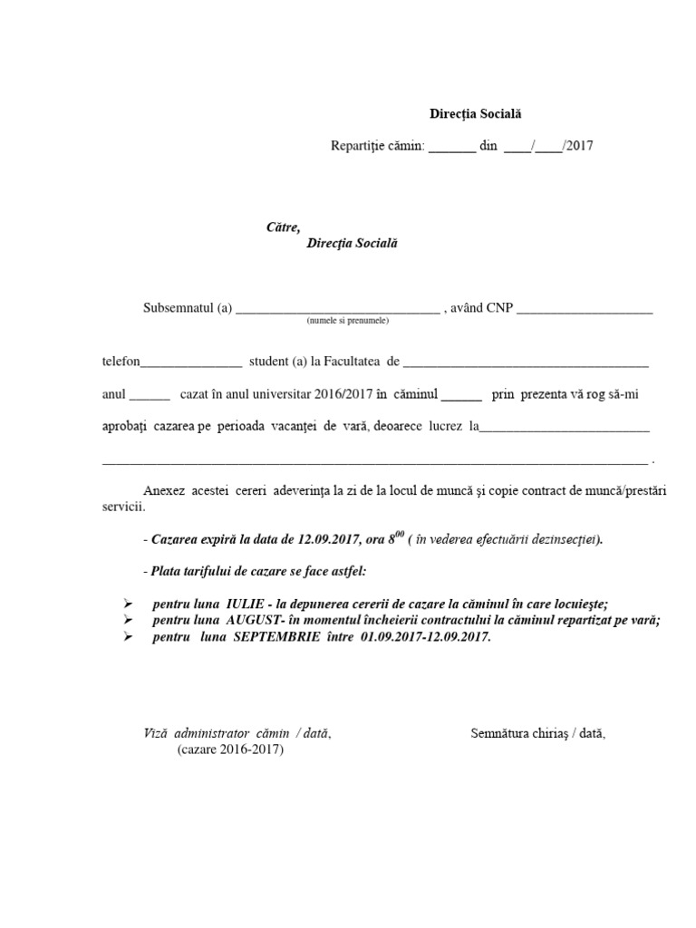 Cerere Pentru Solicitare de Cazare Pentru Perioada Vacantei de Vara | PDF