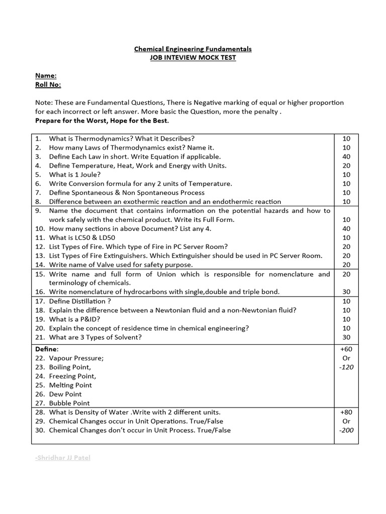 BASIC CHEMICAL ENGINEERING INTERVIEW QUESTIONS visual data 3