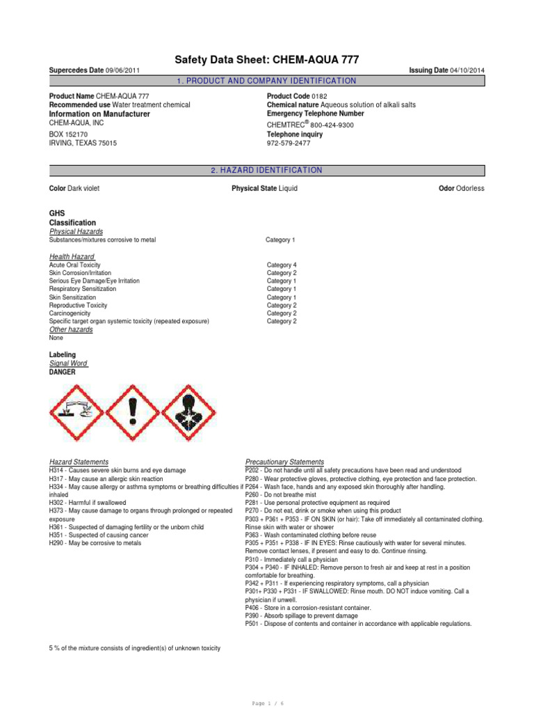 CHEMAQUA777 hoja de seguridad PDF Personal Protective Equipment