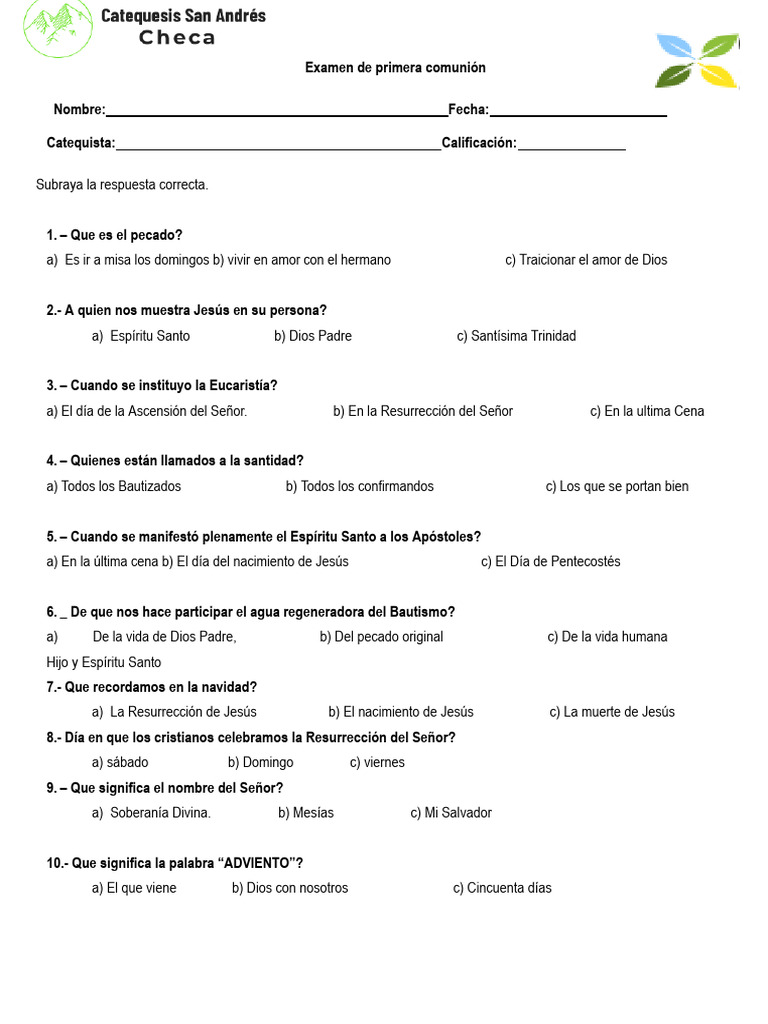 Examen de Primera Comunion Imprimir PDF eucaristía Misa (liturgia)