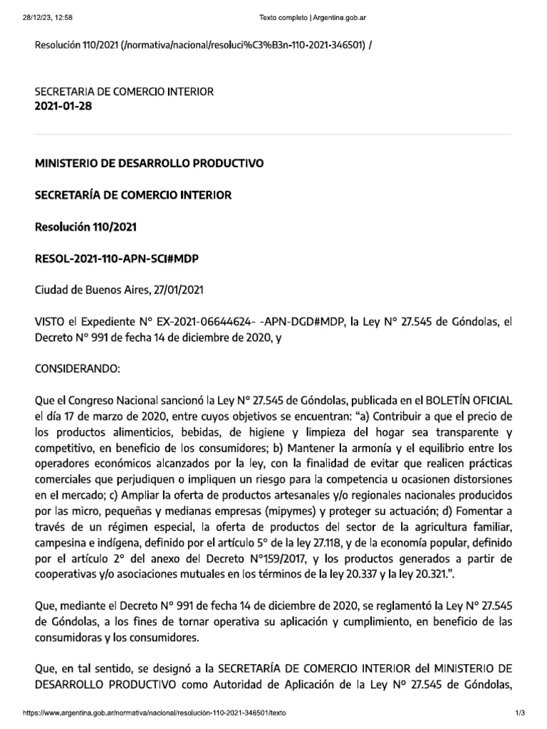 Resoluci n 00110 mdp sci 2021 ley 27545 sujetos alcanzados pdf