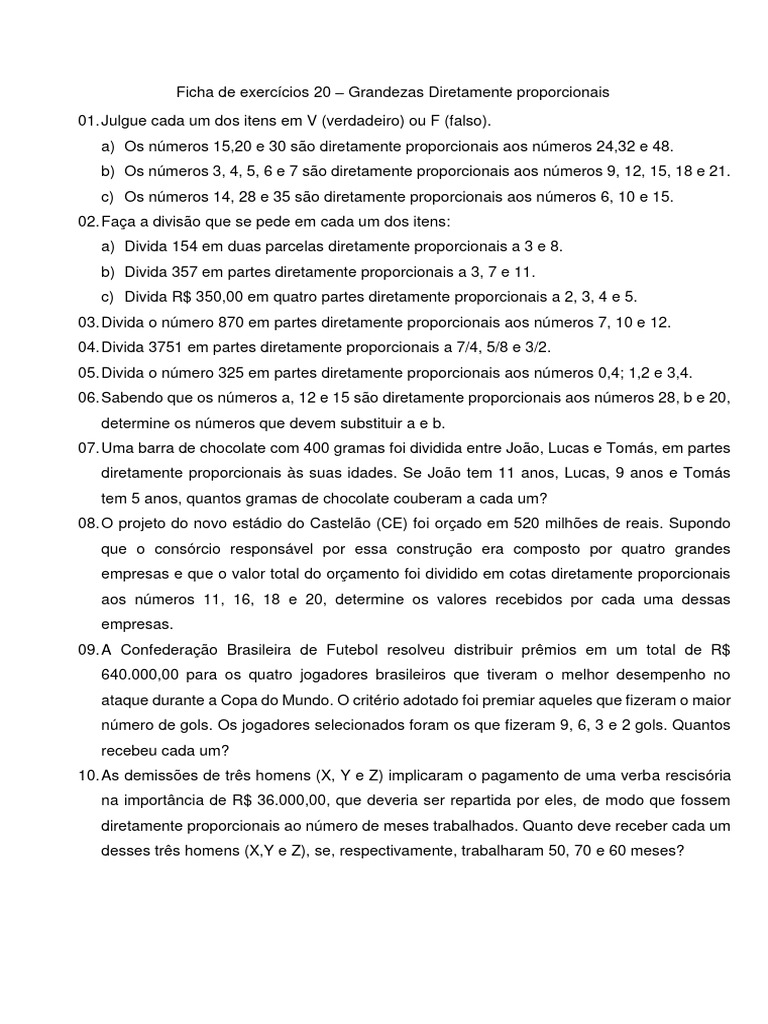20 FICHA DE Grandezas Diretamente Proporcionais | PDF