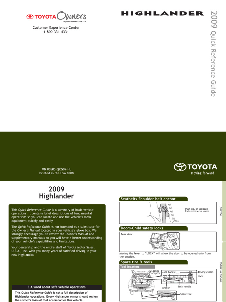 2009 Highlander Quick Reference Guide | PDF | Manual Transmission ...